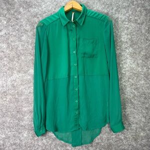 Free People Shirt Womens XS Green Sheer Button Front Blouse High Low Hem